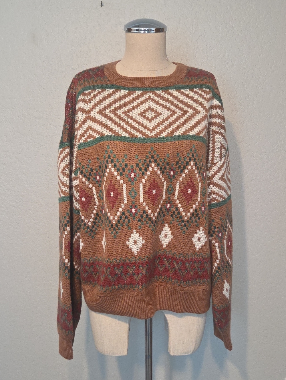 Rock & Roll Denim Cozy Geometric Crewneck Sweater - Camel/Multi
